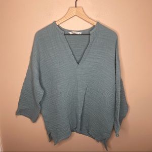 Zara Gauze Oversized Teal Blue V Neck Shirt Size S